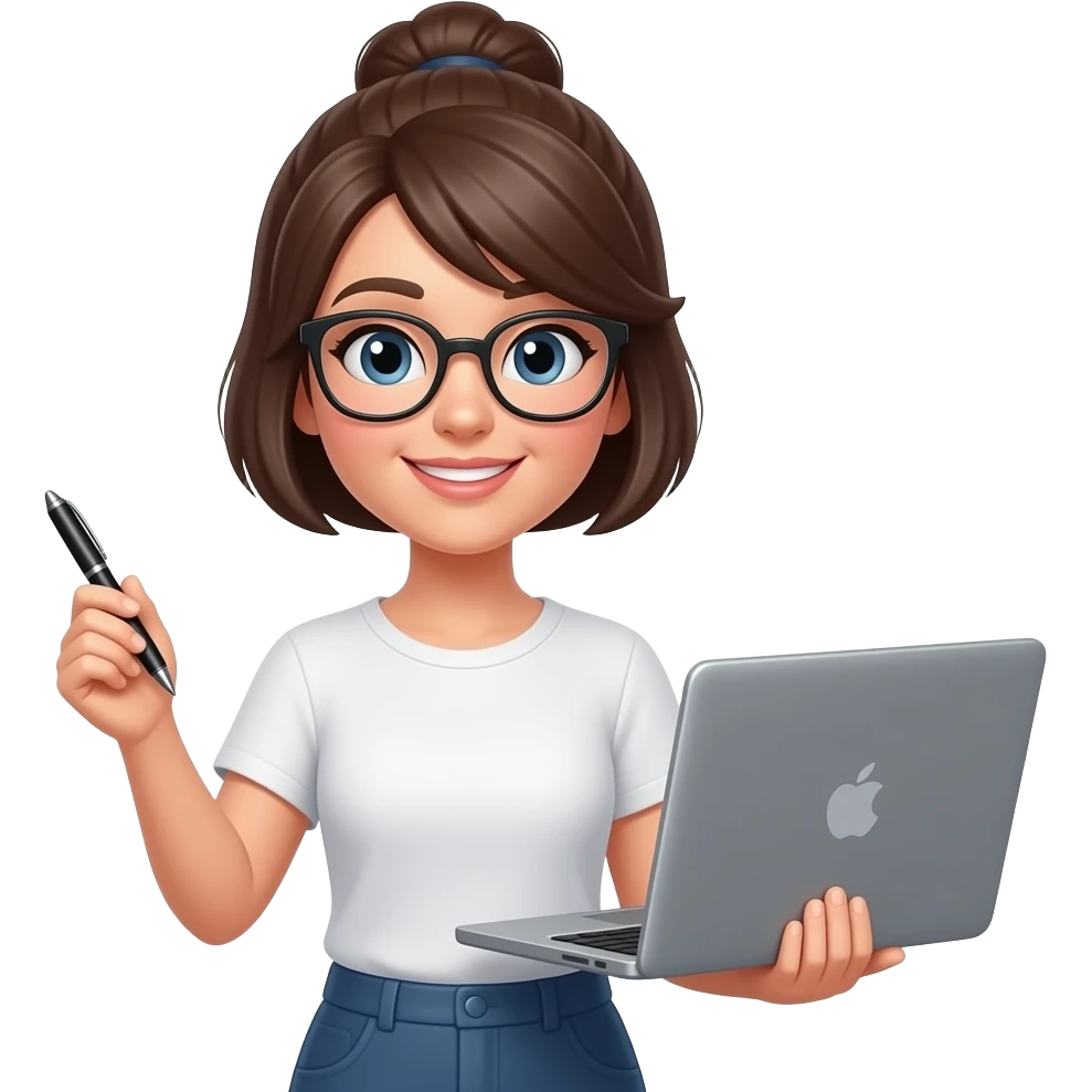 노트북과 연필을 각각 양손에 든 안경쓴 여자머리는 하나로 묶은 단발 이모티콘 emoji