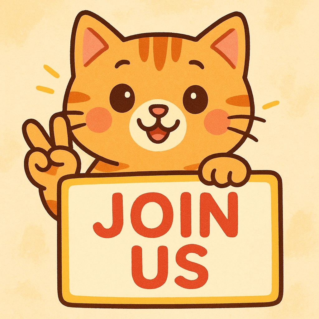 A cute cat making hand signs with its paws, holding a sign that says 'Join us', in a friendly and inviting style, colorful and approachable illustration. emoji