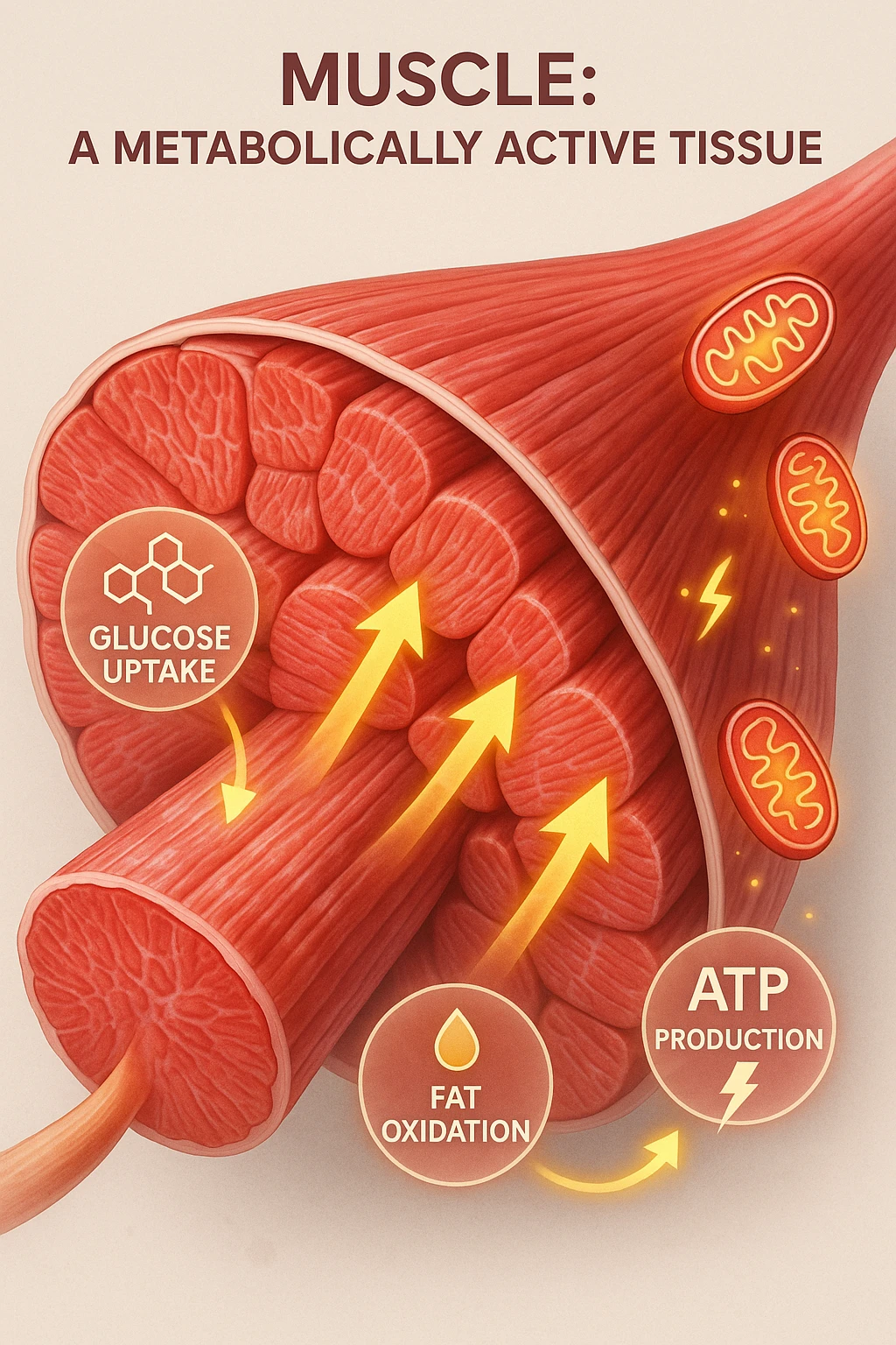 a highly detailed cross-section of human skeletal muscle fibers, shown in vibrant red and pink tones, with visible striations and realistic texture. Glowing arrows and animated icons represent active metabolic processes—such as glucose uptake, fat oxidation, and ATP production—occurring within the muscle tissue. Surrounding the muscle, floating symbols for mitochondria and energy highlight its metabolic activity. The background is clean and clinical, with subtle labels and infographics explaining that muscle is a metabolically active tissue. The overall style is modern, scientific, and visually engaging, suitable for educational or medical use. emoji