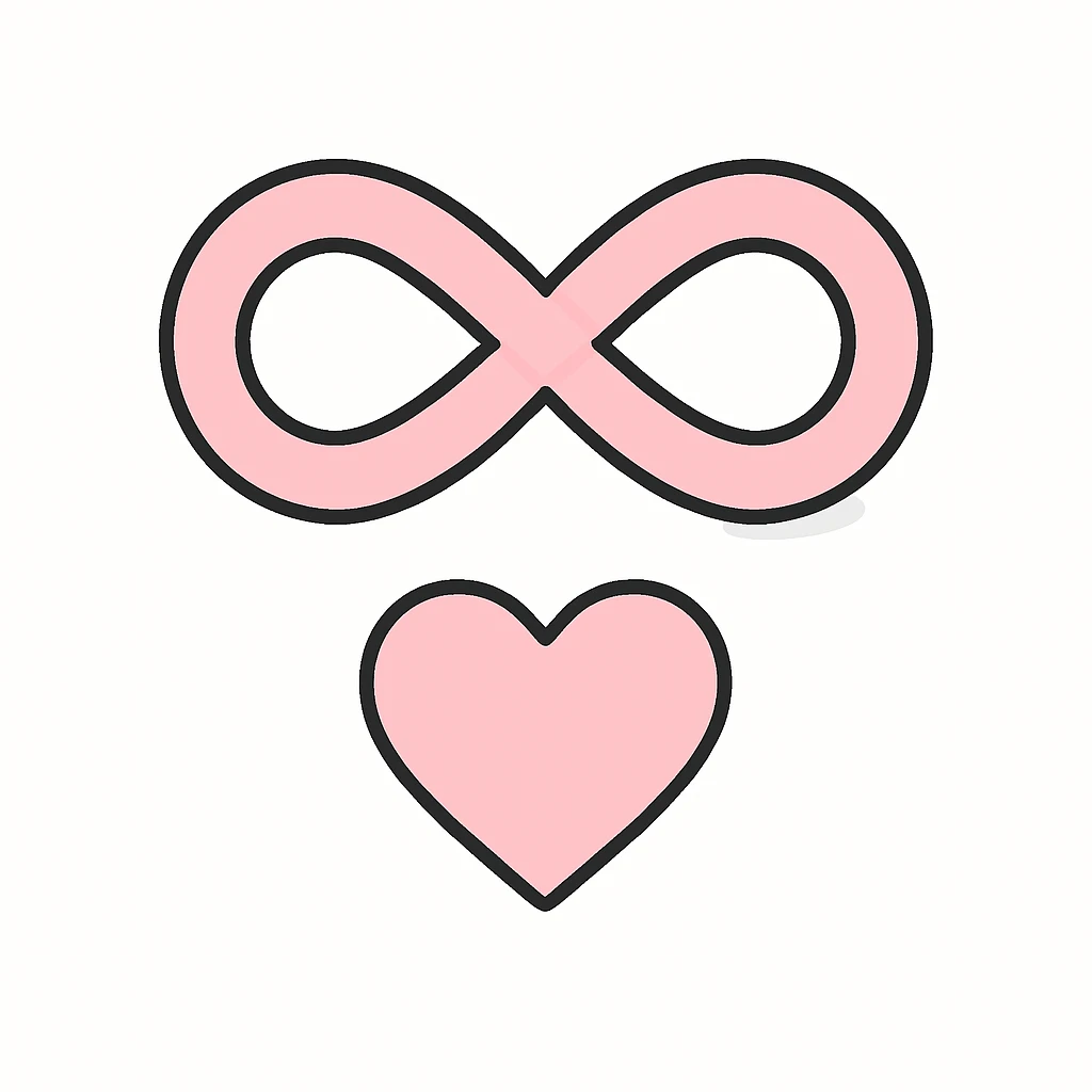 pink infinity symbol with shadows and highlights, simple heart shape below the infinity, same style as the second reference, flat pink gray style emoji