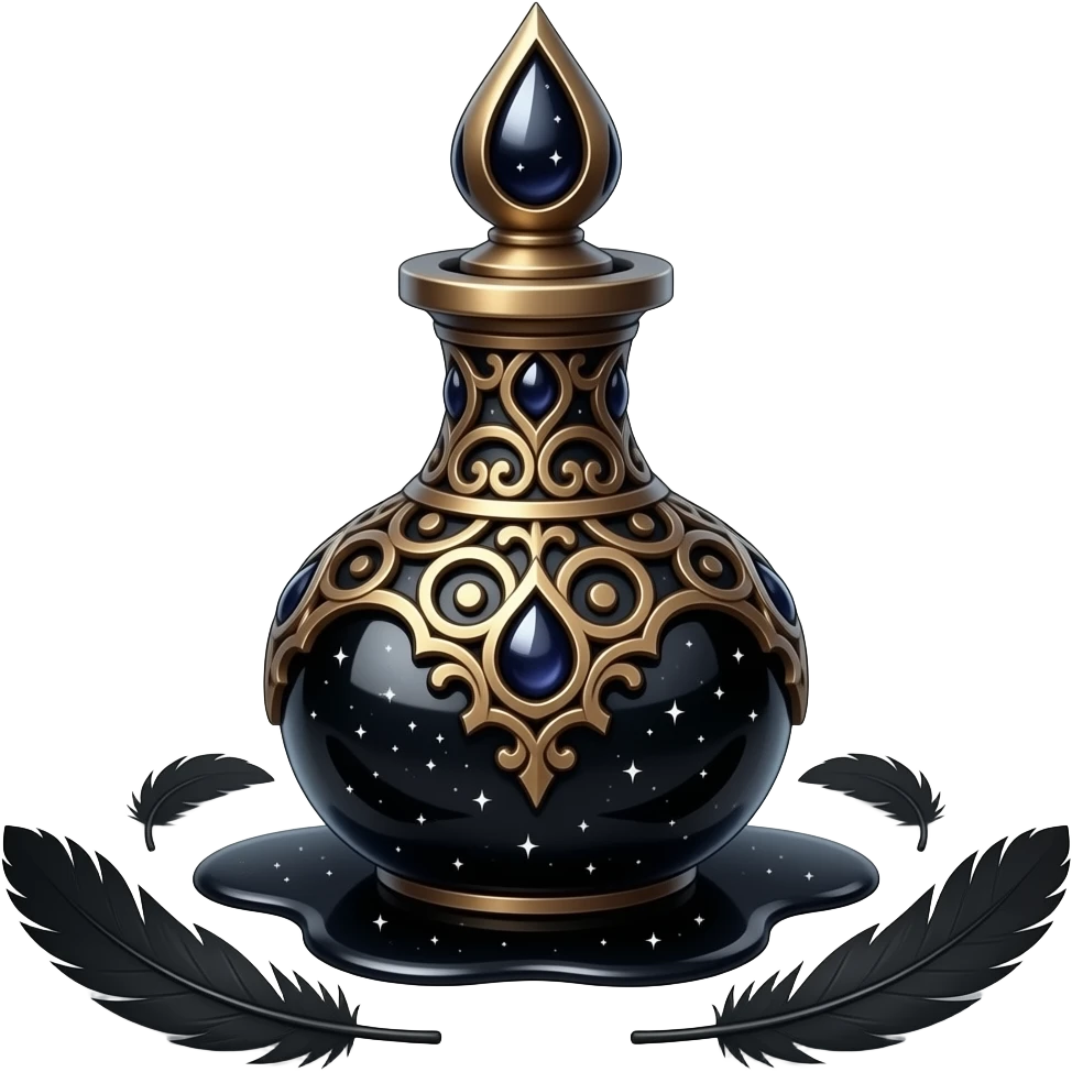an obsidian scribe’s vial, forged in swirling dusk‑metal filigree, crowned with a teardrop seal, ink pooling like shadowed starlight around black fallen feathers, resting upon a silent dark plane, radiating the quiet gravity of forgotten words emoji