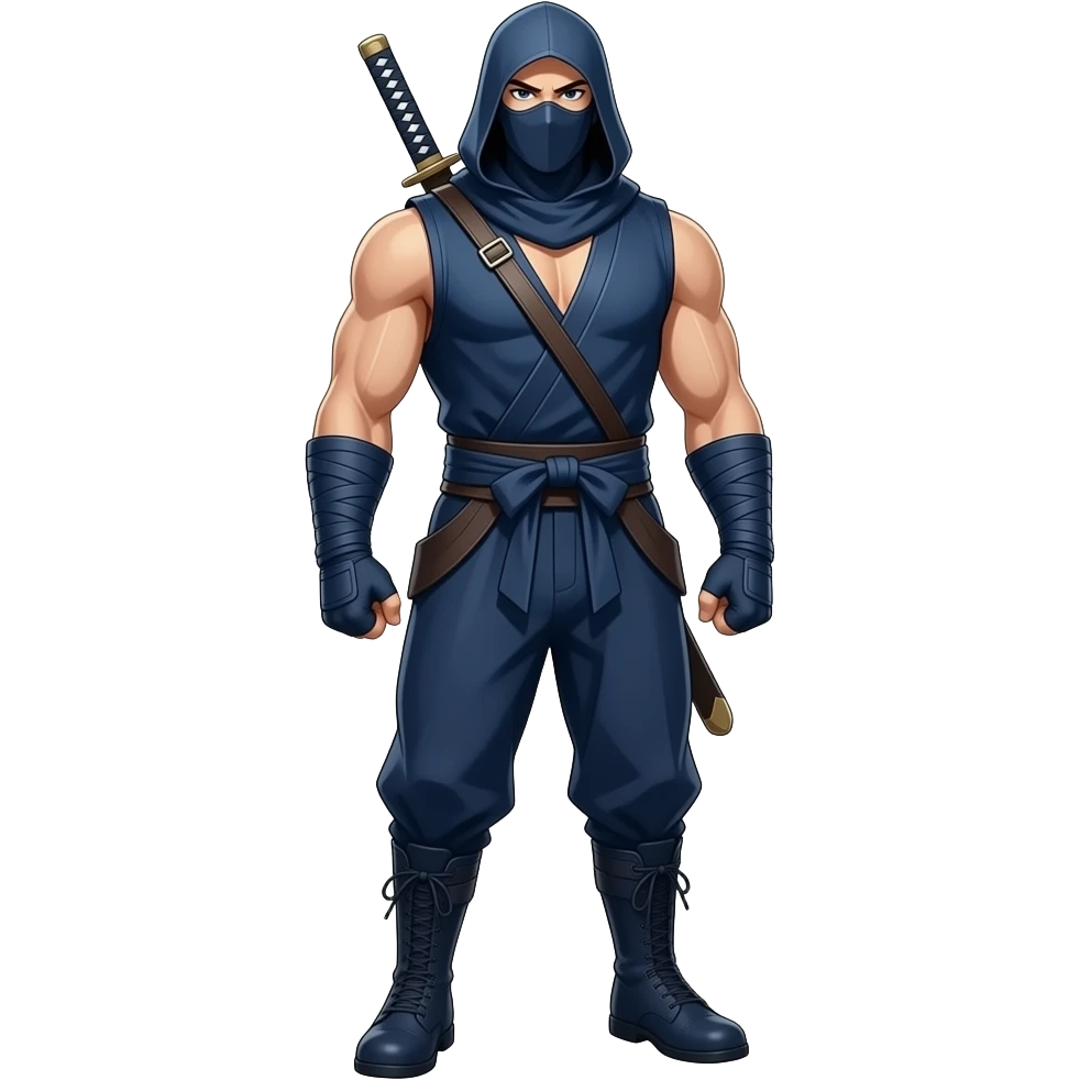 Anime ninja dark blue sleeveless hood sword in the back dark blue pants and dark blue boosts dark blue masks look superstrong very tall full body emoji