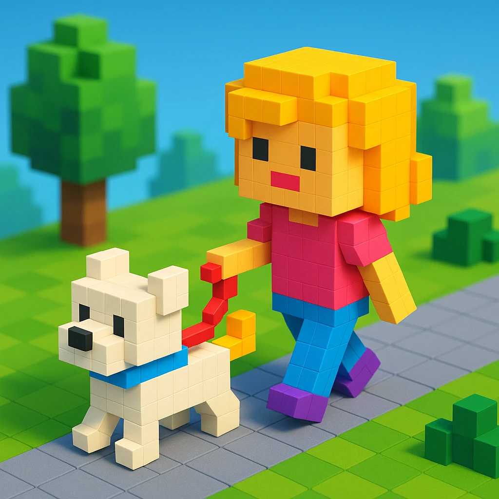 girl and her dog on a walk, realistic background emoji