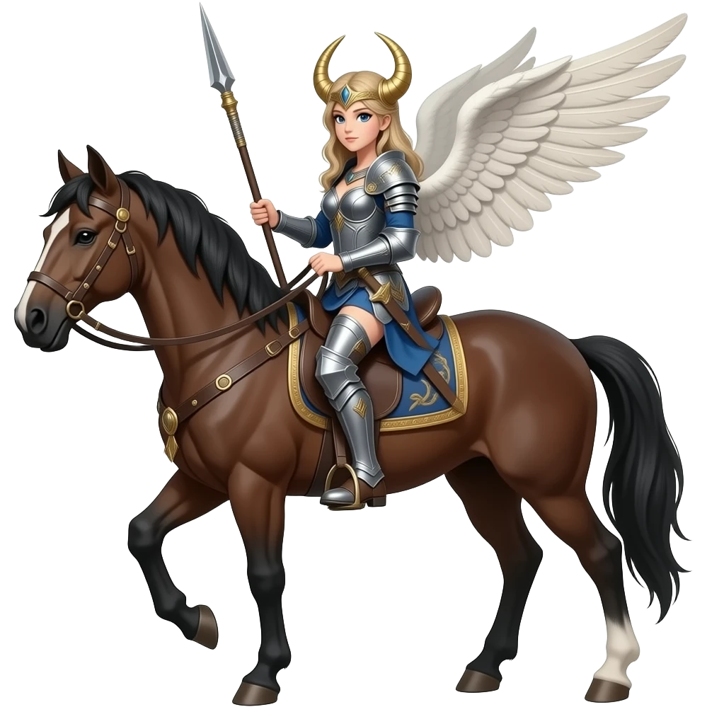 valkiria en caballo, alas en la cabeza, lanza, cuerpo completo emoji