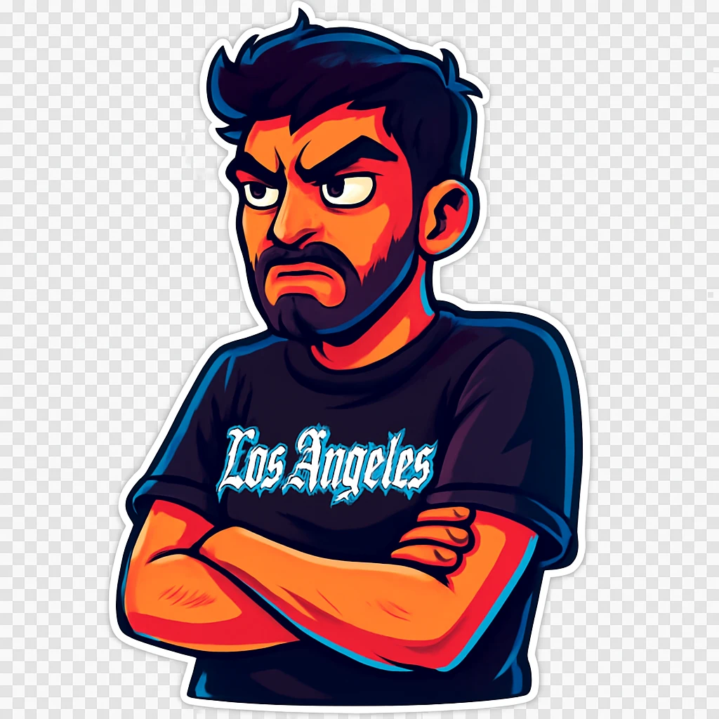 Convert the photo to a cartoon sticker in the style of Flux Pro with an angry expression and transparent background. The style should reflect the vibrant and pop colors typical of Flux Pro cartoon stickers. emoji