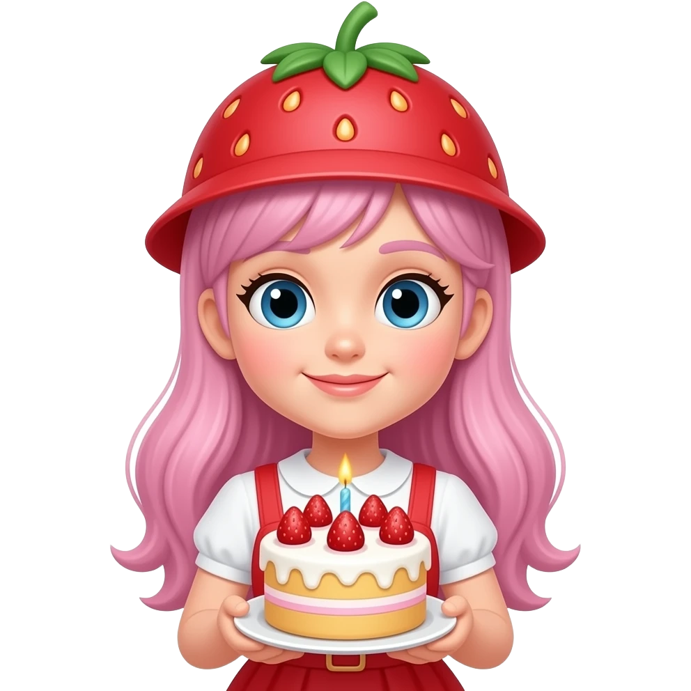 A girl with pink hair is wearing a strawberry cap and red dress is holding cake emoji
