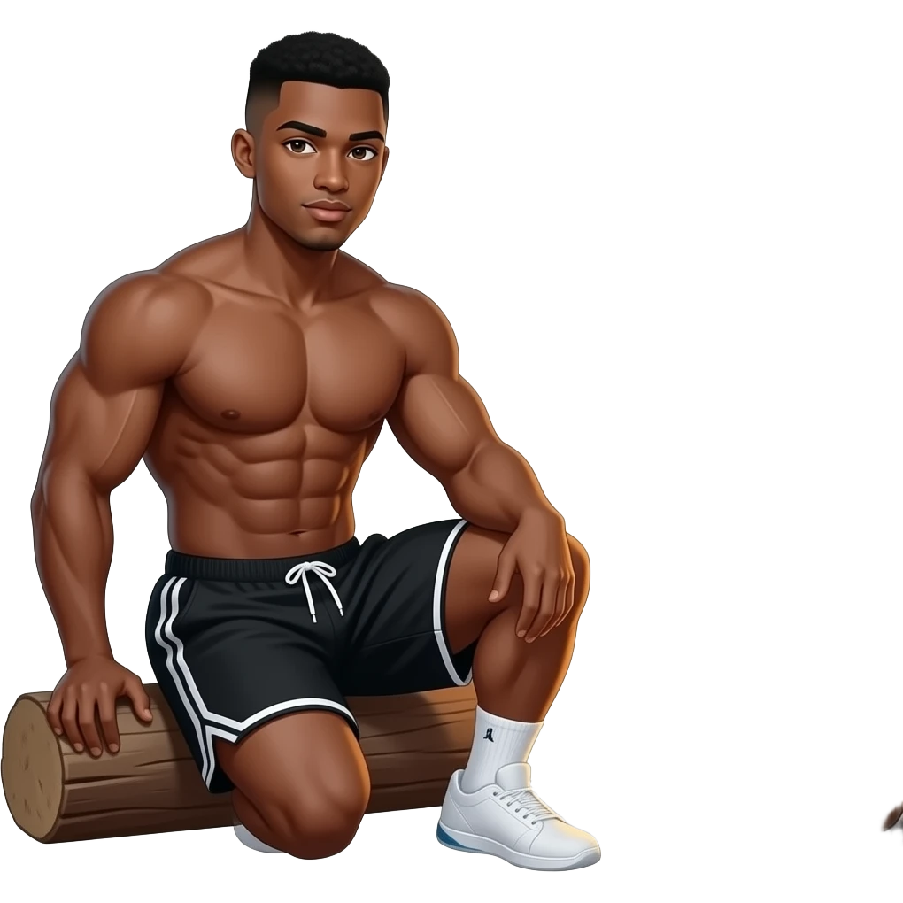 make a black skinned 20 year old man with a low taper fade with abs and big muscles in black jordan shorts sitting around a big nice fire outside emoji