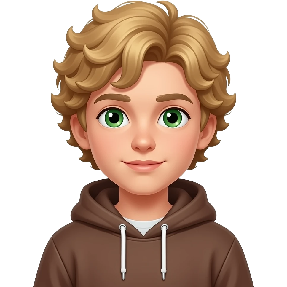 boy, green eyes, brown hoodie, blonde curly hairskinny emoji