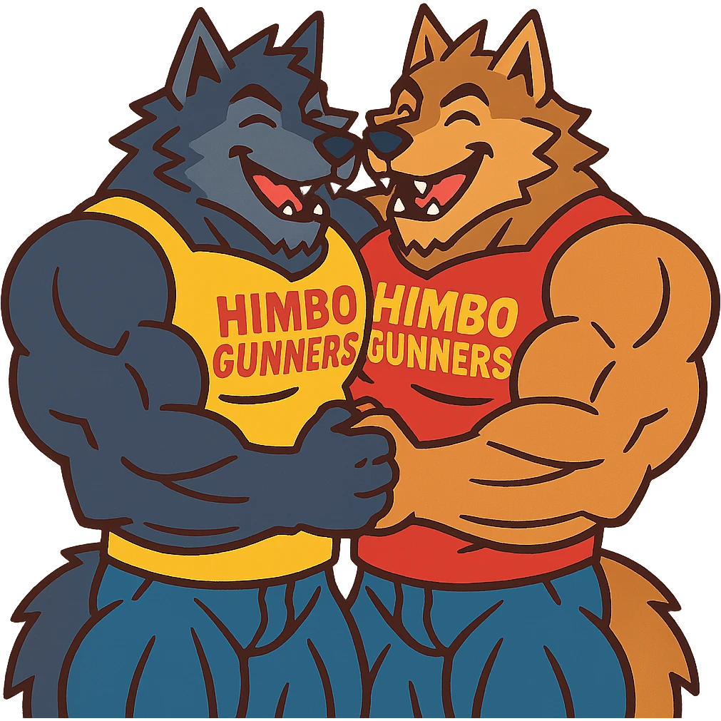 two hyper-muscular wolf furry characters in 'Himbo gunners' t-shirts, hugging, big smiles, playful and affectionate, oversized muscles emoji