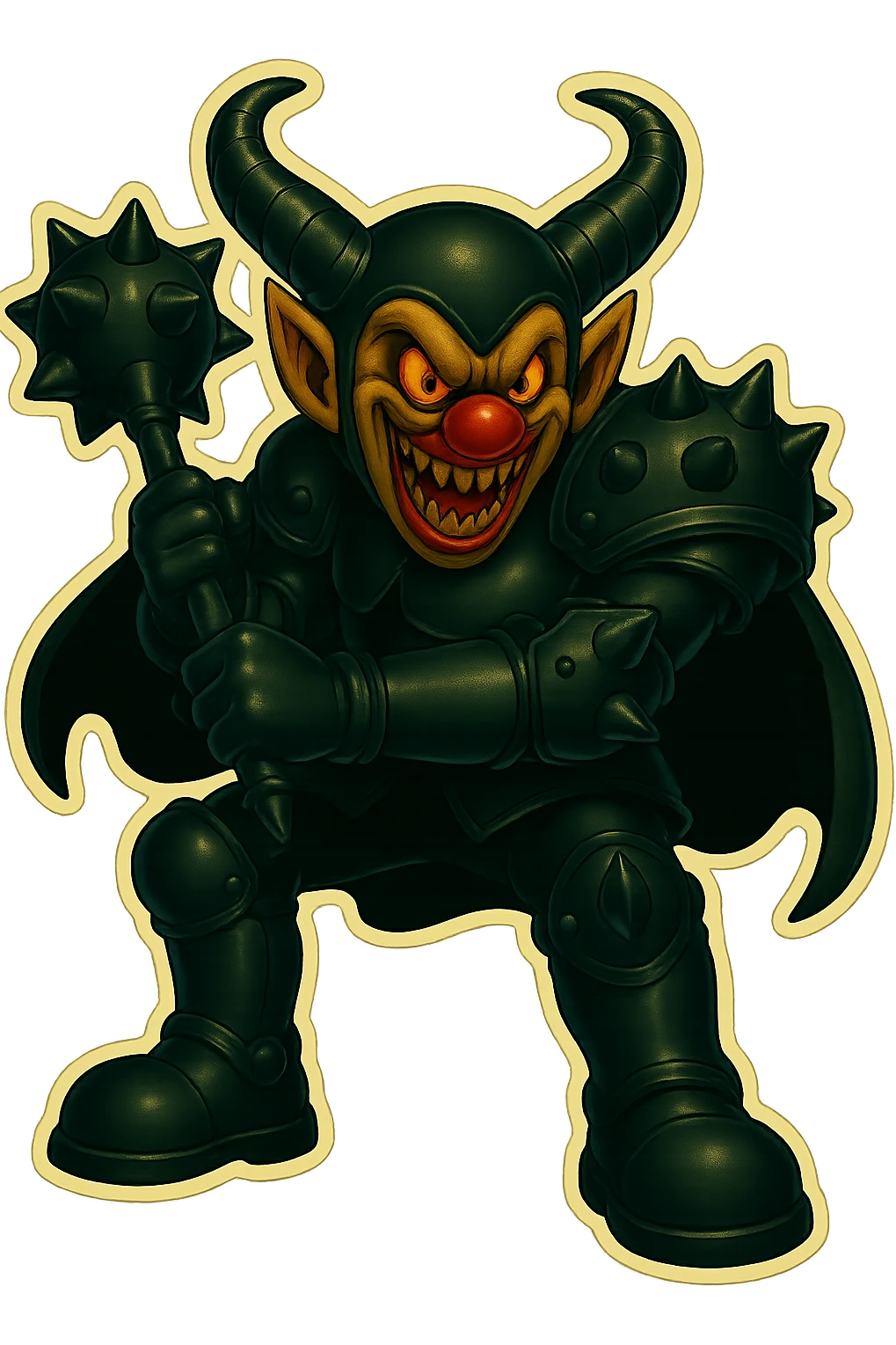A menacing armored clown with ram horns, glossy black on matte black armor, short cape, large but not comically oversized black clown shoes, oversized spiked mace with the head hanging down in a relaxed pose, spikes on knee, elbow, and shoulder armor, glowing gold-red eyes, vibrant retro stickers style, no yellow aged tint, full body, transparent background. The clown is talking, mouth open as if speaking. emoji