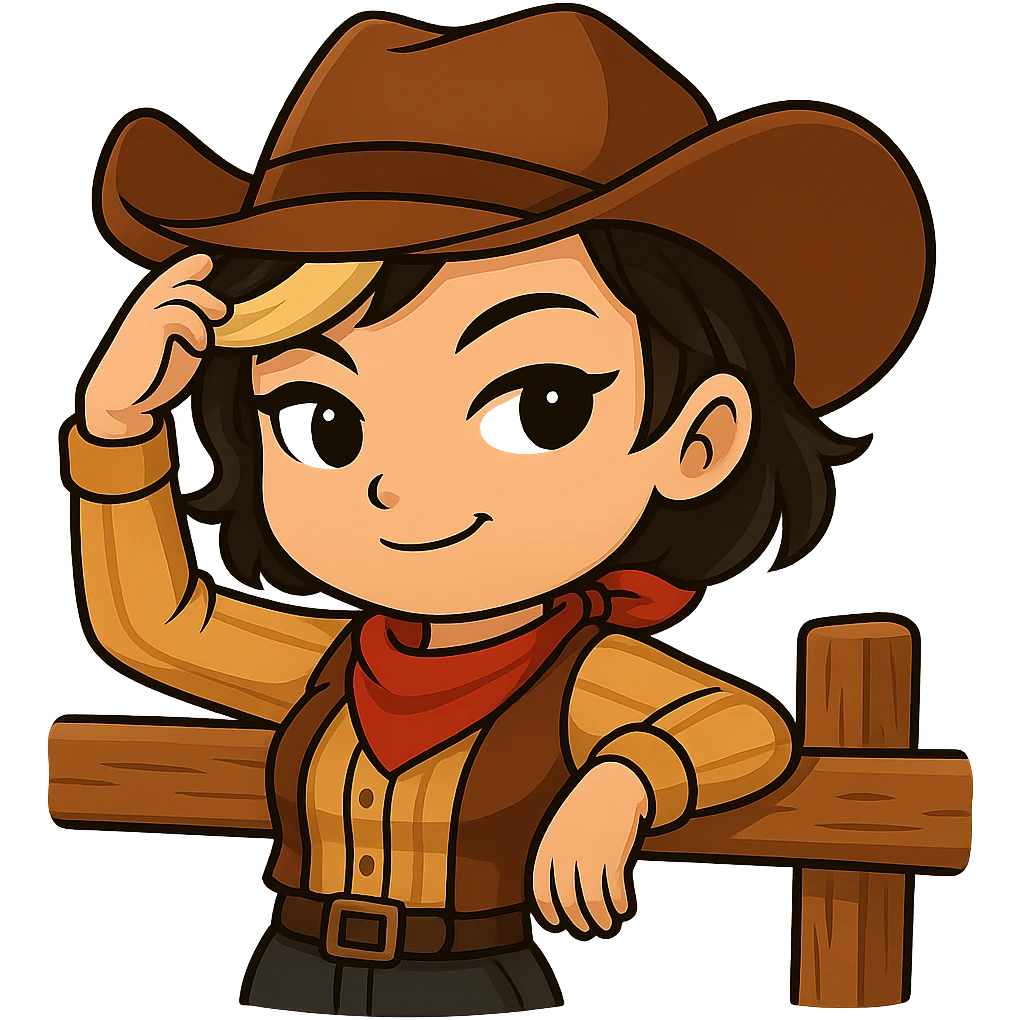 Sexy chibi cowgirl with short hair and a blonde streak, wearing a cowboy hat and western outfit, no guns. Chibi/anime style, transparent background, sized for Twitch or Discord use. Pose: leaning against a fence, one hand on hat, confident smirk. emoji
