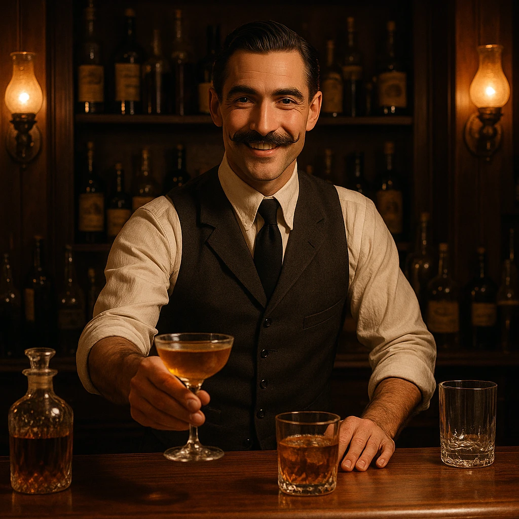 A speakeasy bartender, mustache, vest, serving drinks behind a classic bar, dimly lit. emoji