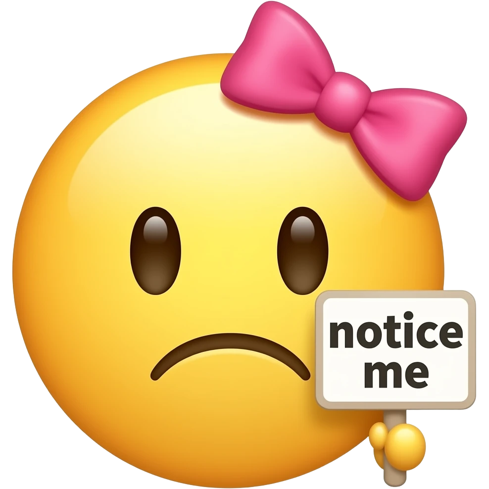 Yellow smiley with pink hairbow sad holding up a sign that says "notice me" emoji