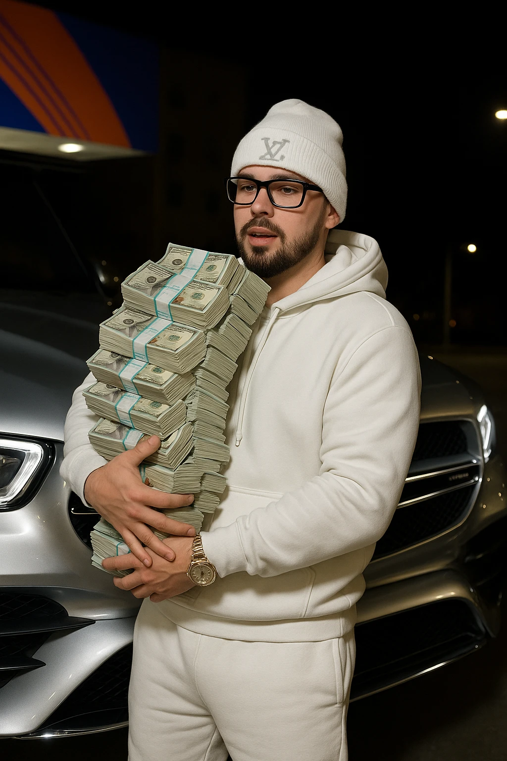 Transform the person to have a white skin tone, a black goatee and black facial hair, wearing a white hoodie, white sweats, and a white Louis Vuitton beanie. Make the car an AMG and chrome out everything except the money, which should look realistic. Keep the pose and money stacks as in the reference image. The style should be realistic and detailed to preserve the original pose and elements. emoji