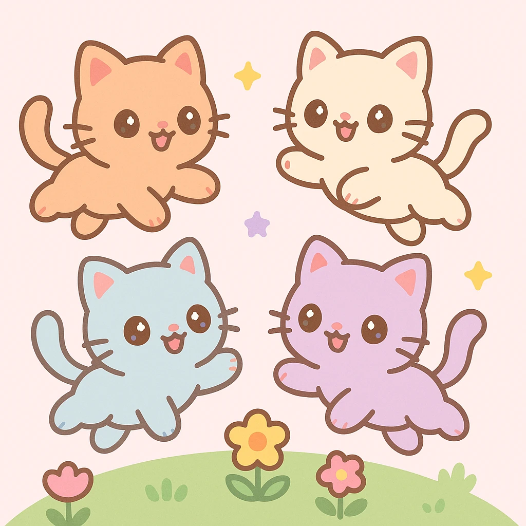 tiny pretty kittens, glowing and happy, playing and jumping in a bright garden, adorable and energetic emoji