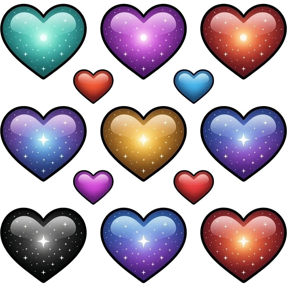 loads of different coolest galaxy hearts but all different colours black outlines cool galaxies different colour emoji