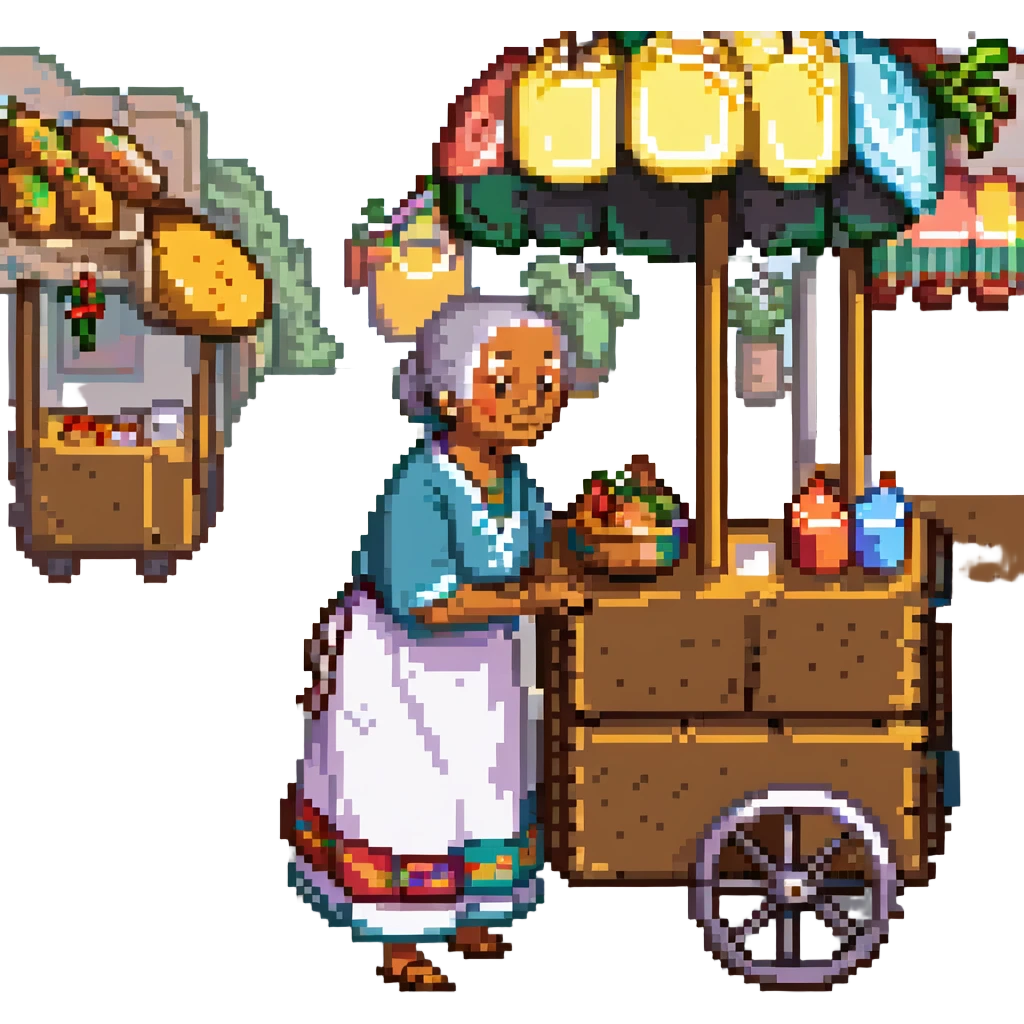 old Mexican lady pushing a food cart, warm and friendly, traditional dress, vibrant colors, street vendor, detailed, no text, pixel art style emoji