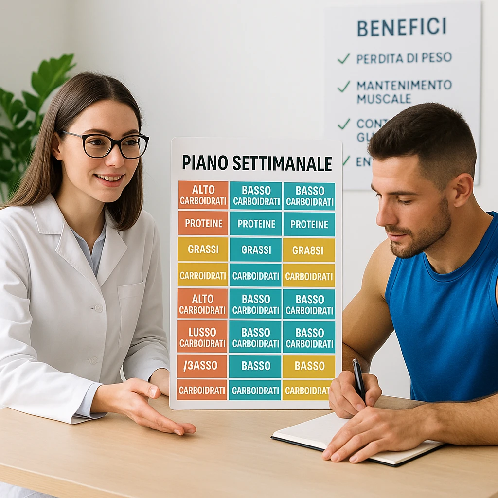 a nutritionist and an athlete sitting at a table with a vertical weekly planner showing alternating high-carb and low-carb days, color-coded sections for proteins, fats, and carbohydrates, text in Italian written vertically. The atmosphere is educational and professional, the athlete is taking notes, and a chart showing benefits is in the background. emoji