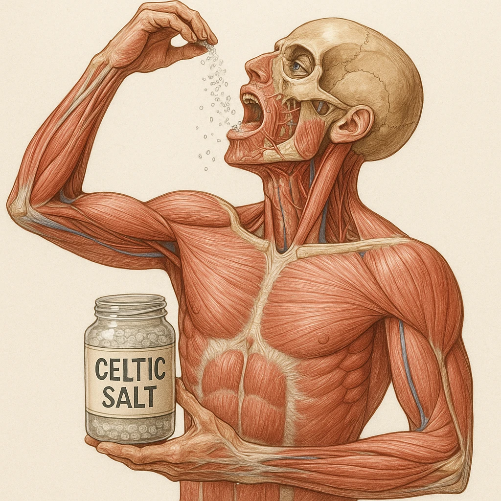 medical illustration of a realistic human body holding a jar labeled 'CELTIC SALT', throwing salt into his mouth during breakfast, detailed and anatomically accurate, realistic style, clear label on jar emoji