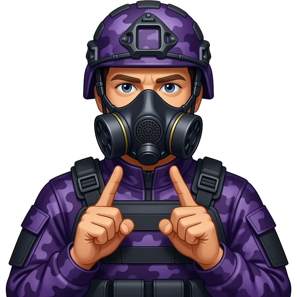Man with two middle fingers in dark purple camoflage tactical gear helmet full face dark purple gasmask emoji