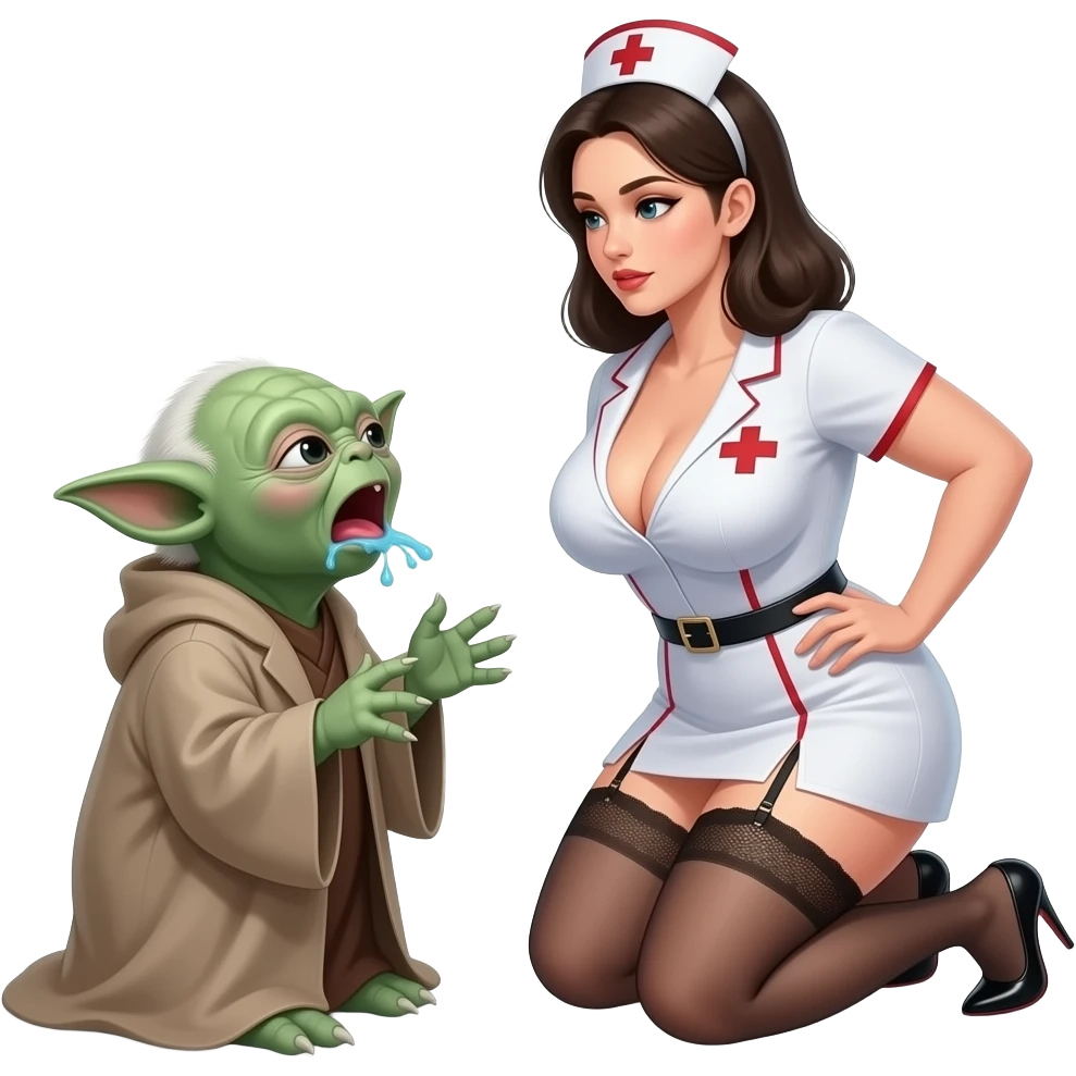 Yoda with a large breasted nurse, thin wearing garter belt, stiletto heels, kneeling and facing yoday, low cut cleavage, mouth wide open drooling emoji