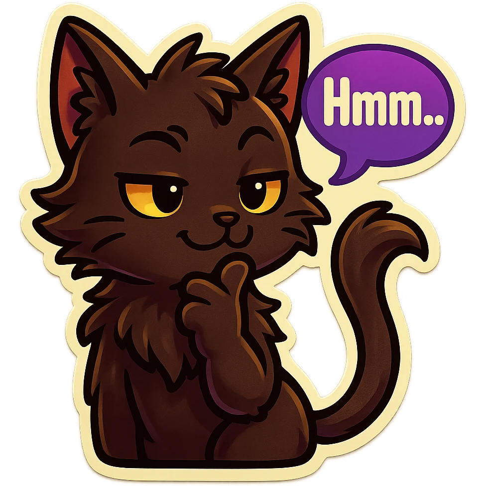 a dark-brown fluffy cute kawaii anime cat with tufted ears and a long thin tufted tail, thinking, smirking thoughtfully, saying “Hmm..” with a purple speech bubble emoji