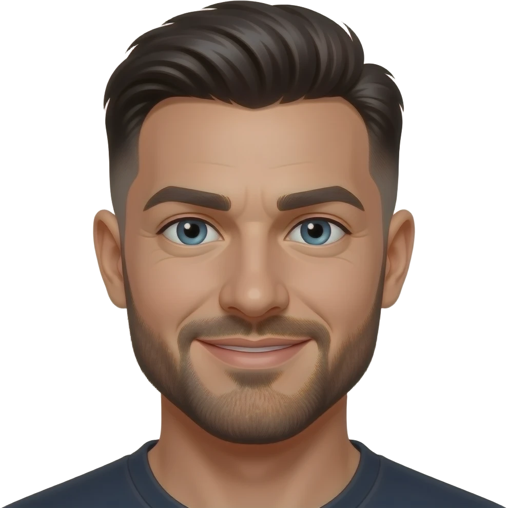 He has dark hair, often styled short or with a fade, and sometimes dyed. His eyes are dark, though he occasionally wears blue contact lenses. He has a smooth, medium-brown skin tone, a well-groomed beard, and a confident smile that stands out. emoji