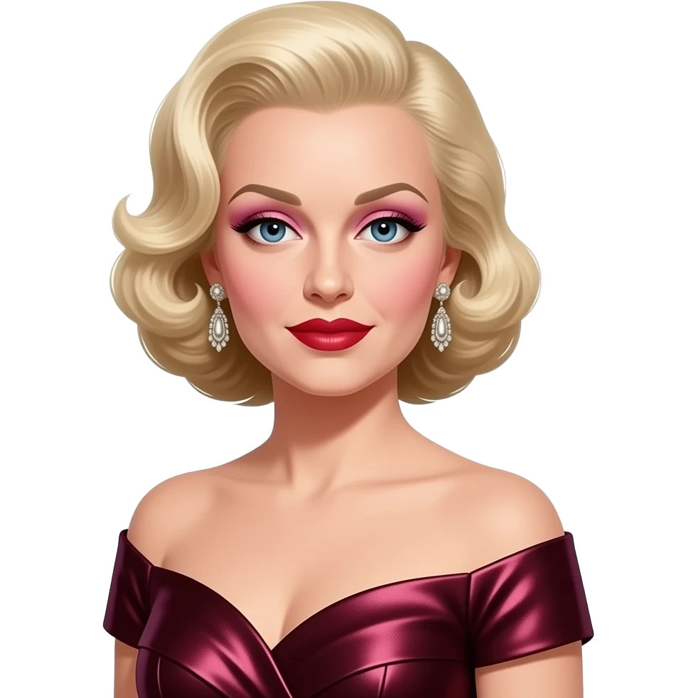 Bette Davis with blue eyes, ash blonde hair, pink eyeshadow, red lipstick, dark red metallic off shoulder dress, earrings emoji