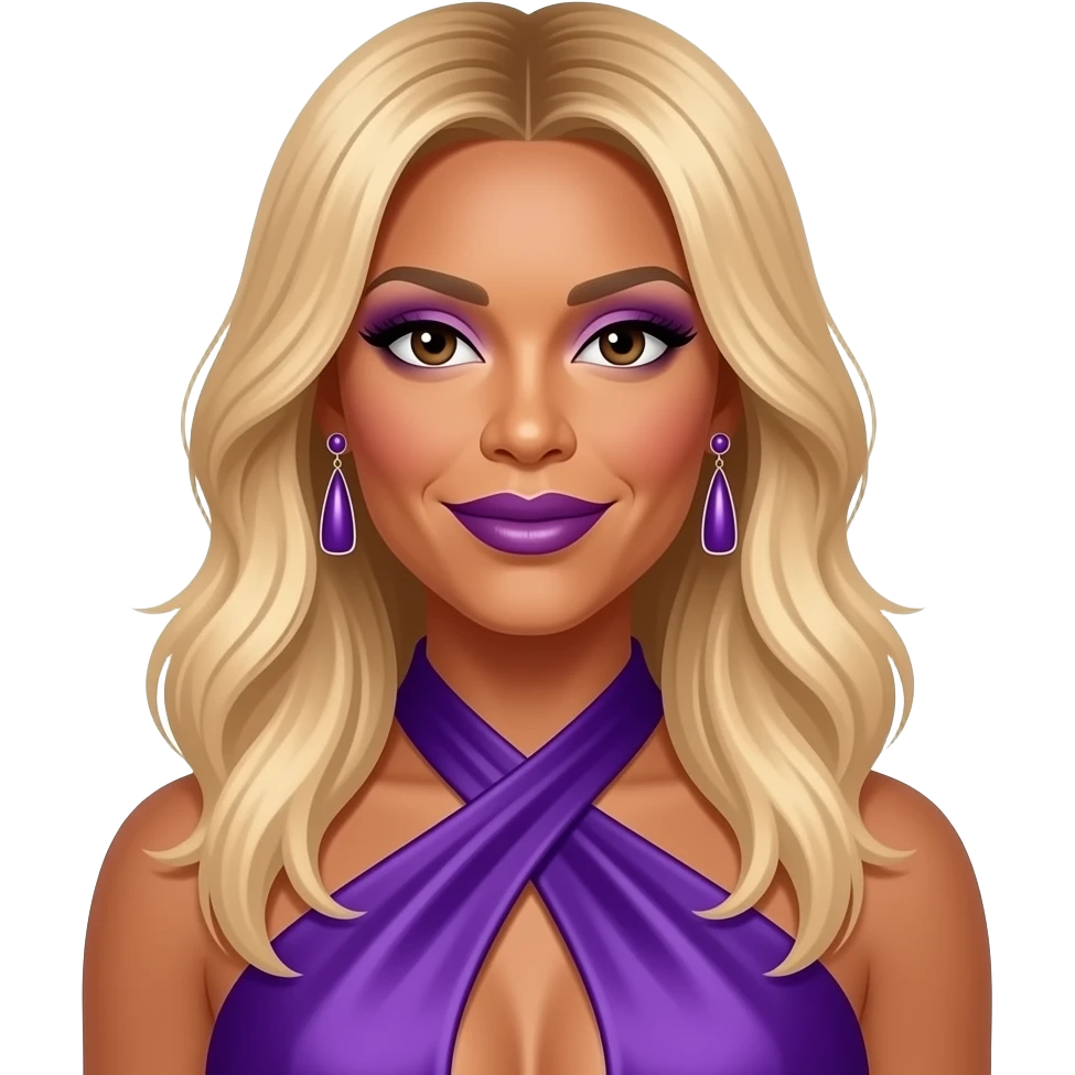 Wendy Williams with dark brown eyes, long golden blonde hair, purple eyeshadow dark purple lipstick, purple silk halter dress, purple earrings emoji