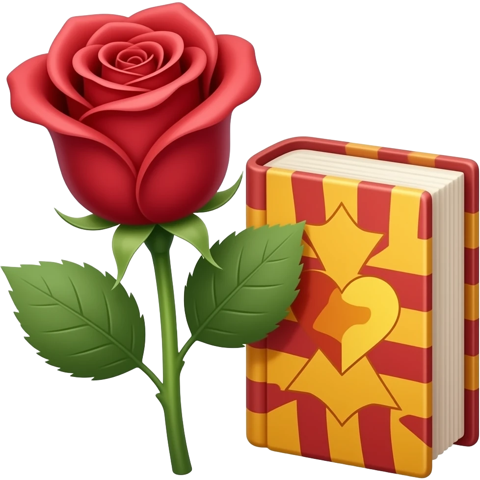 Cute Discord emoji of a red rose and a small book for Sant Jordi. Simple, colorful, cartoon style, clean outlines, easy to see at small size. Warm tones, optional tiny heart or sparkle emoji
