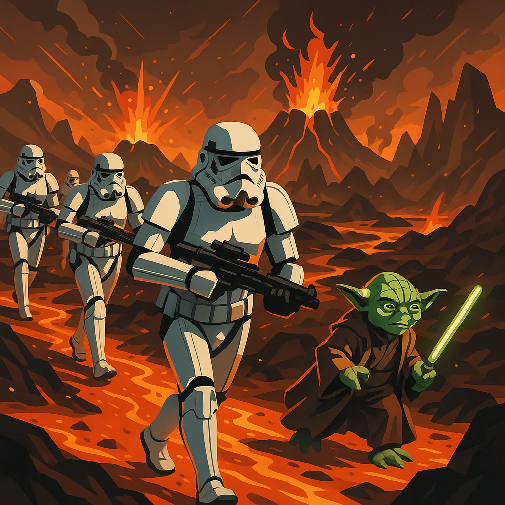 vector art of a Starwars stormtroopers is walking on lava planet with yoda, battleground background

 emoji