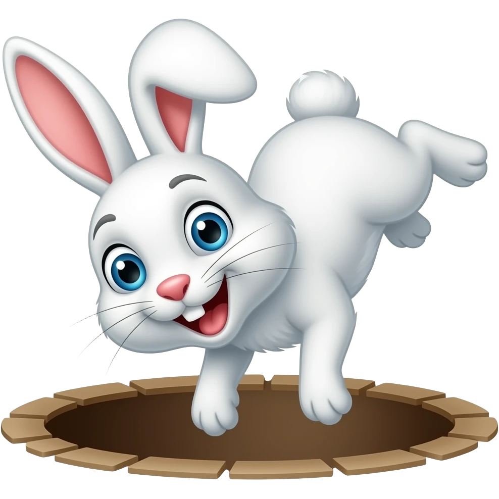 White bunny with an excited look on its face falling down the Alice in wonderland rabbit hole emoji