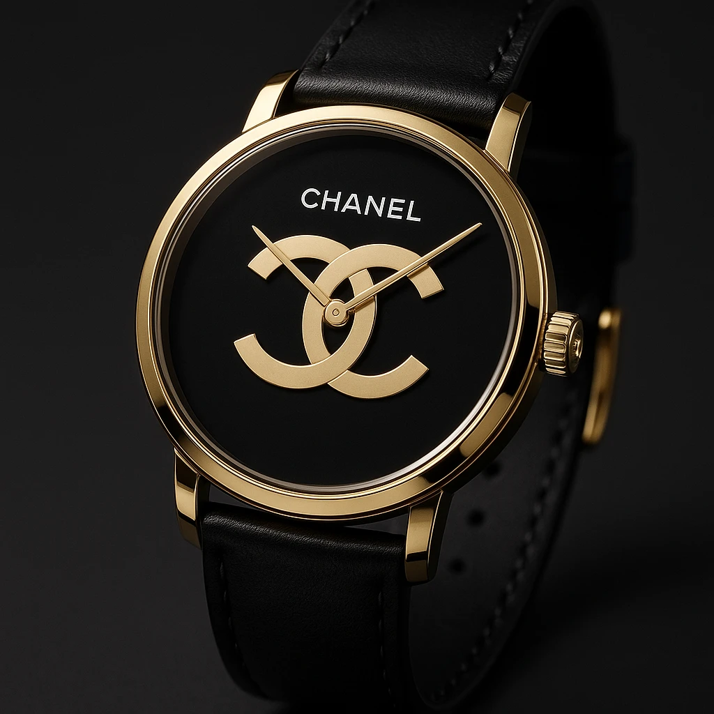 a luxury watch featuring the Chanel logo, elegant and stylish, high-end fashion accessory emoji