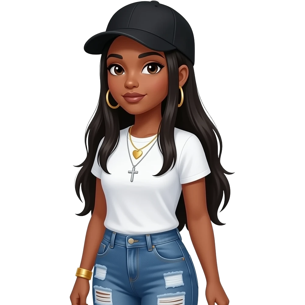 African American woman with long straight black hair wearing a adjustable black hat to the back wearing a white T-shirt wearing jeans with big square patches on it wearing gold hoop earrings wearing a gold bracelet wearing a gold heart tennis necklace and a silver cross tennis necklace emoji