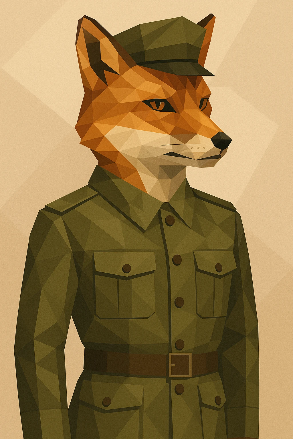 fox dressed as a soldier, in a military uniform, standing at attention, detailed fur and sharp eyes, modern illustration style emoji