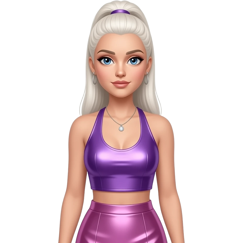 Kimberly Wyatt with blue eyes, long white blonde straight high ponytail hair, purple metallic halter crop top, pink metallic long skirt, necklace and earrings emoji