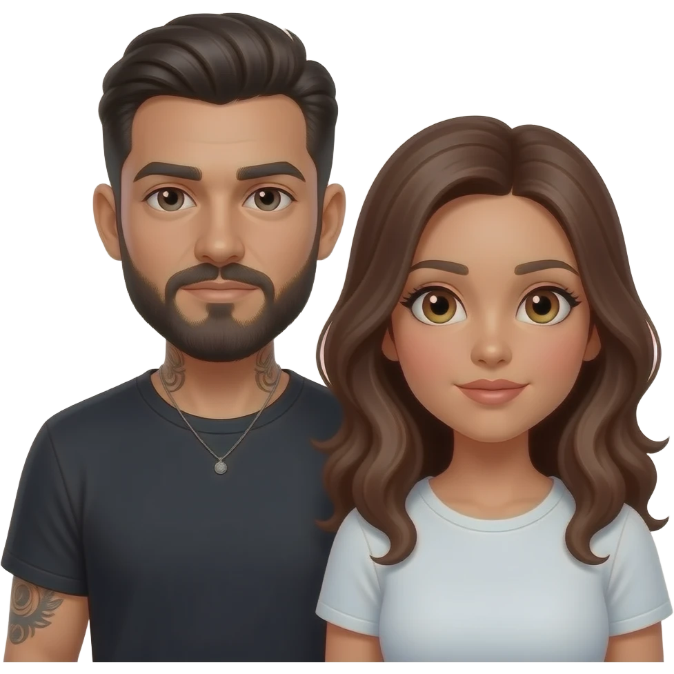 Latino couple man has a beard, medium hair and tattoos and his wife is beautiful with hazel eyes and shoulder length brown hair and their relationship is broken emoji