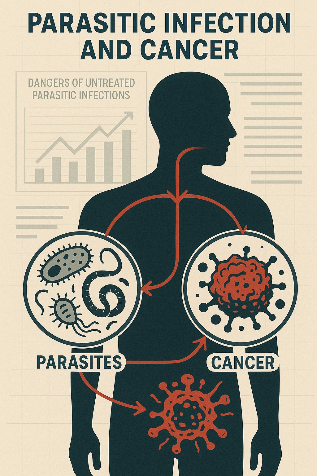 a man’s silhouette is filled with stylized images of parasites and tumor cells, connected by red lines or arrows to show cause and effect. The background features a medical chart or infographic about the dangers of untreated parasitic infections. The overall tone is serious and educational. scritto in italiano emoji