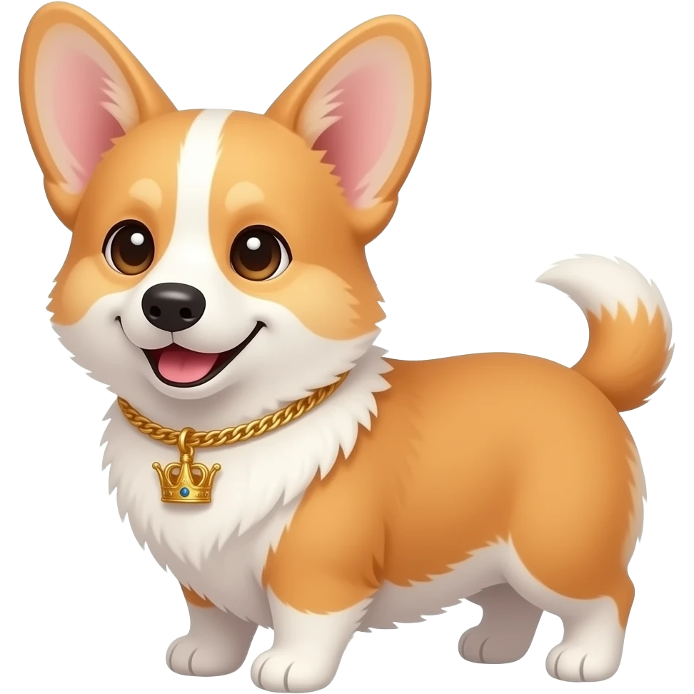 Cute royal corgi with a small crown collar charm, isolated, centered, no background, no scenery, no text, warm golden fur, charming British royal feel emoji