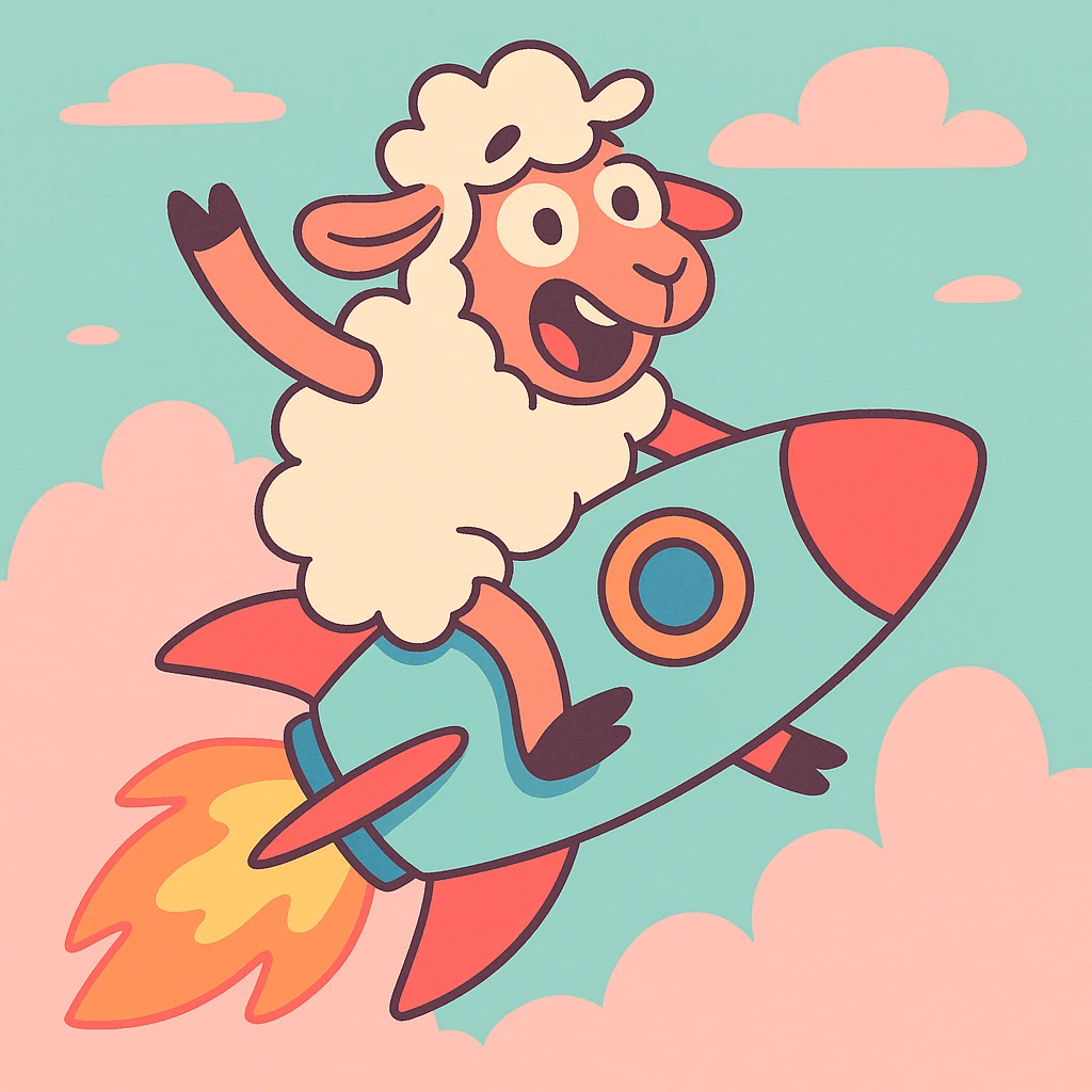 sheep flying on a rocket, pastel toon cartoon style emoji