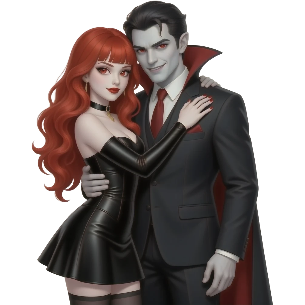 Vampiro femmina con pelle bianca capelli lunghi  rosso fuoco ondulati e la frangetta che indossa una vestito stretto in vita e largo sotto nero con maniche lunghe e anfibi che arrivano alle ginocchia che sta abbracciando un altro vampiro maschio emoji