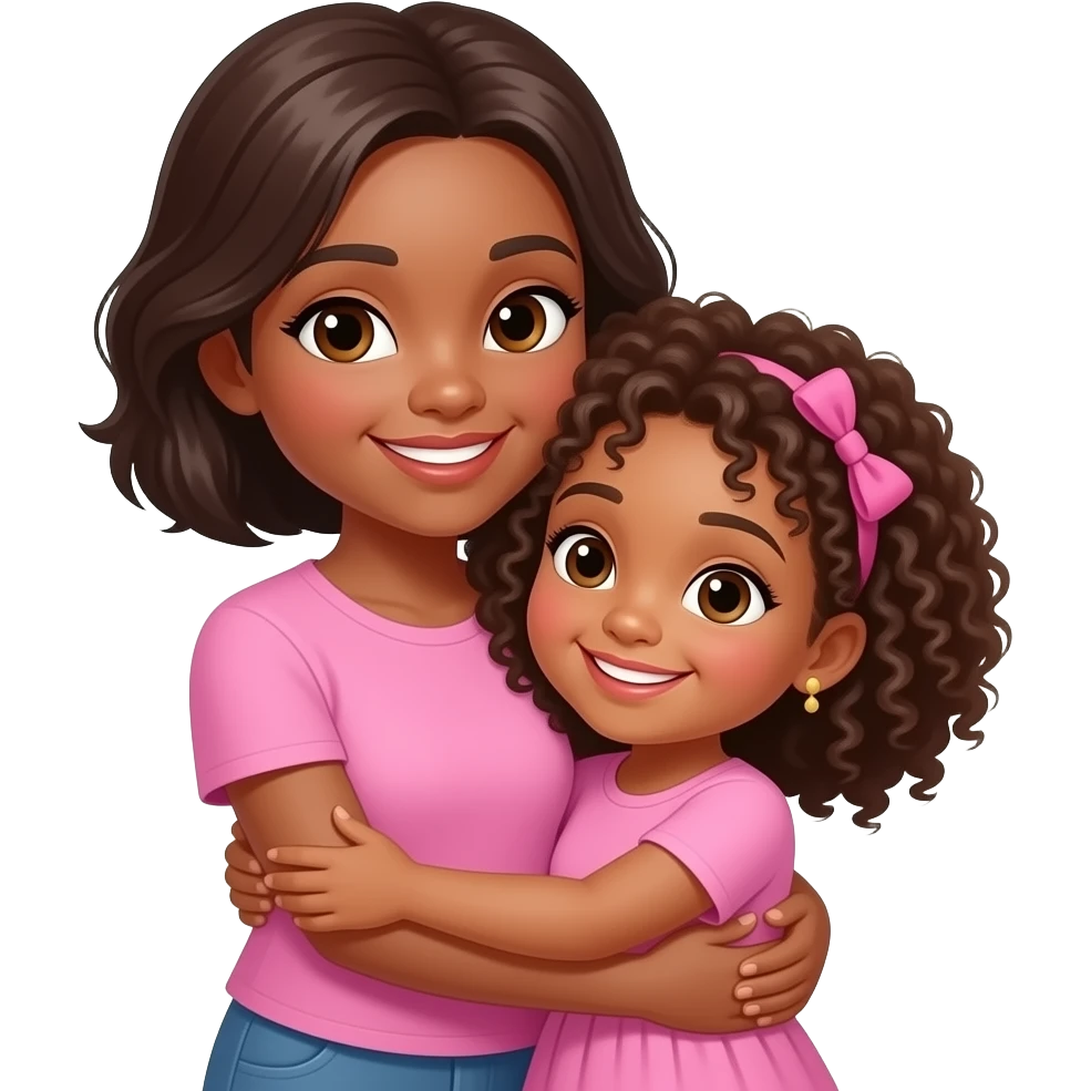 Pink Mom and daughter hugging with curly hair emoji