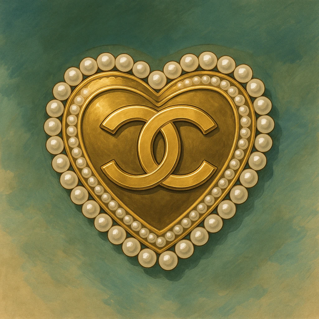 Chanel heart with interlocking C's, metallic gold, pearl border, elegant, ghibli style emoji