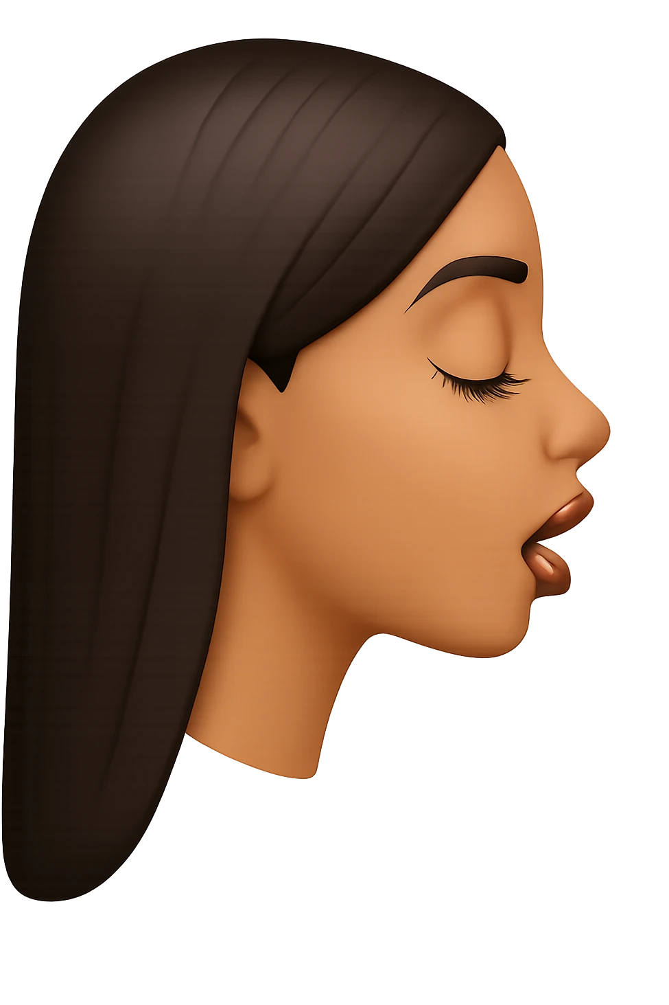Create a side view (profile) of this woman's head in the normal iPhone emoji style, with closed eyes, long eyelashes, an open mouth, smooth shading, no outlines, long dark hair, and glossy lips with visible lip gloss. This is variant 2. emoji