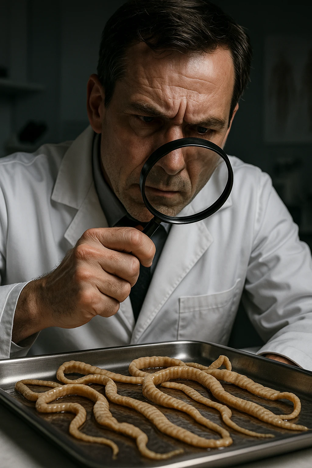 A middle-aged male kinesiologist wearing a pristine white lab coat, intensely analyzing long, beige tapeworms (like Taenia) under a magnifying glass. His expression is focused and slightly concerned, with dramatic studio lighting casting sharp shadows. The parasites are highly detailed, moist, and textured, stretched across a sterile metal tray. The background is blurred but suggests a clinical environment—hints of a microscope, medical charts, and clean lab equipment. The style is hyper-realistic, with a cinematic contrast between the bright white coat and the grotesque, organic forms of the parasites. No sci-fi elements, just raw medical realism with a disturbing edge emoji