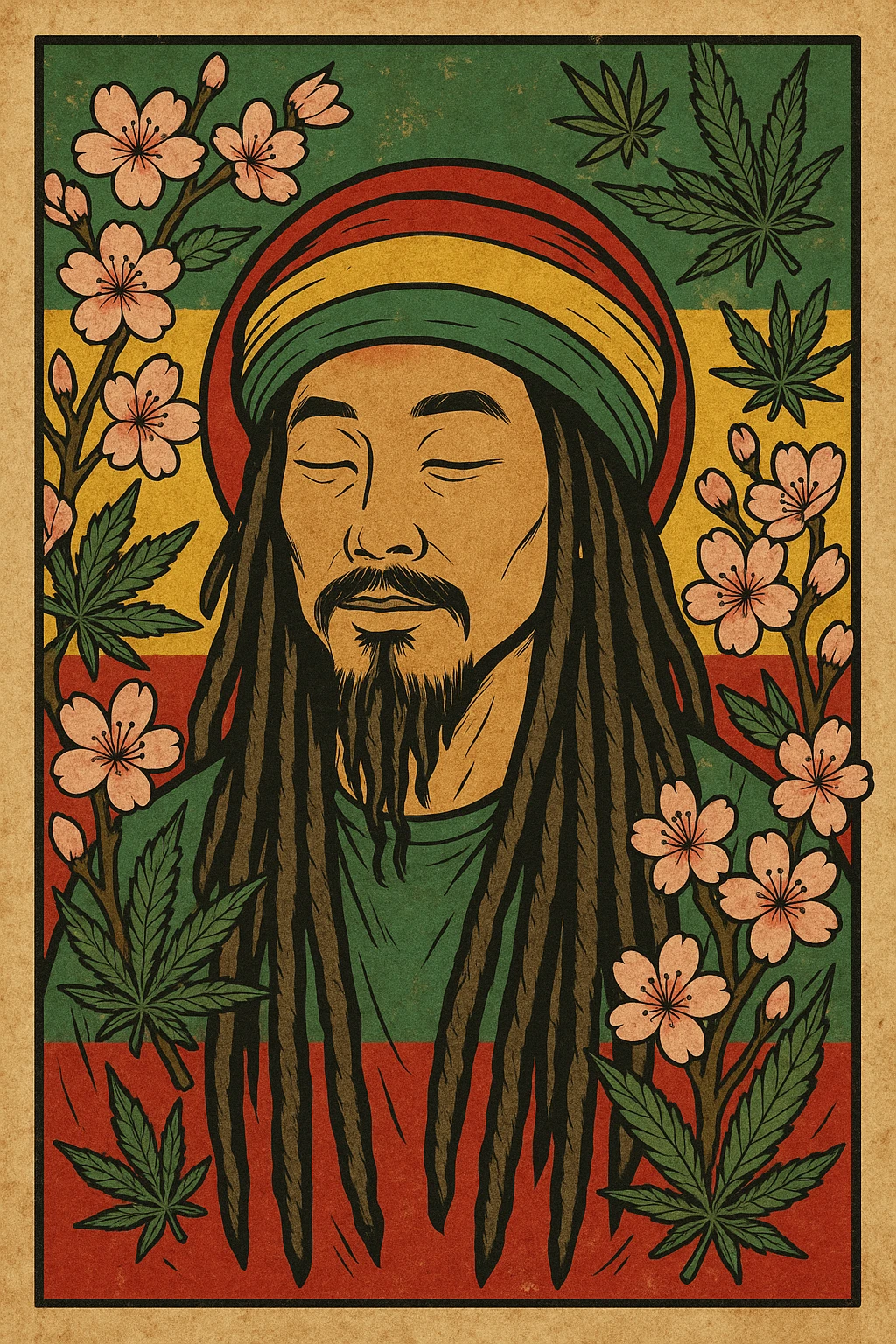 Vintage poster of an Asian Rasta with long dreadlocks, peaceful eyes, and a red-gold-green tam. Surrounded by cherry blossoms and ganja leaves. Background blends Rasta colors into an Asian flag (e.g., red sun from Japan or Chinese star). Retro reggae fusion vibe, with bold lines and aged paper texture.
 emoji