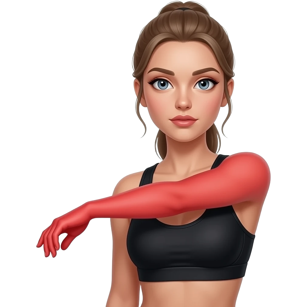 arm pain, full red glow covering both arms from shoulders to hands, woman holding one arm, fair-skinned woman, gray-blue eyes, ash brown brows, ash light brown hair tied back, slim athletic body, black workout set emoji