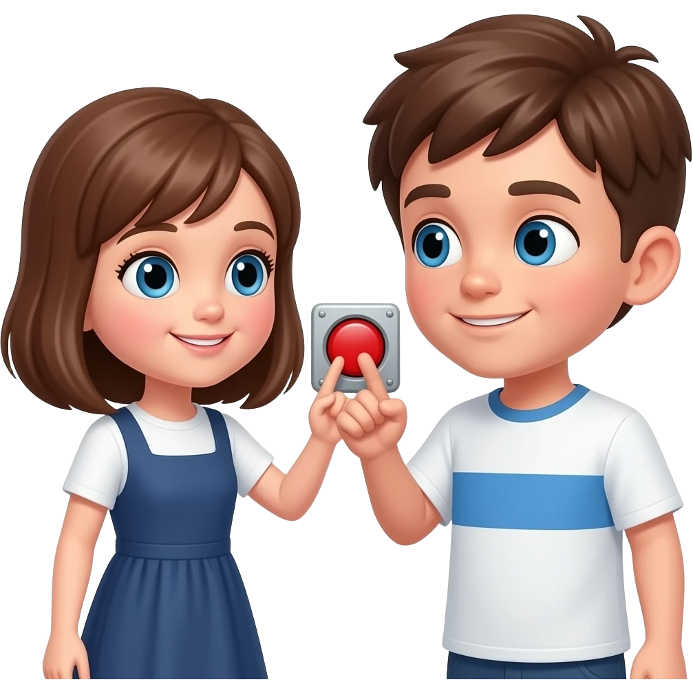 hacme una maquina del tiempo con un boton rojo un chico y una chica lo estan a punto de apretar, con ojos azules tocando la maquina del tiempo, la chica medio castanya con un peto de vestido i el chico castanyo con camiseta blanca y una raya azul emoji