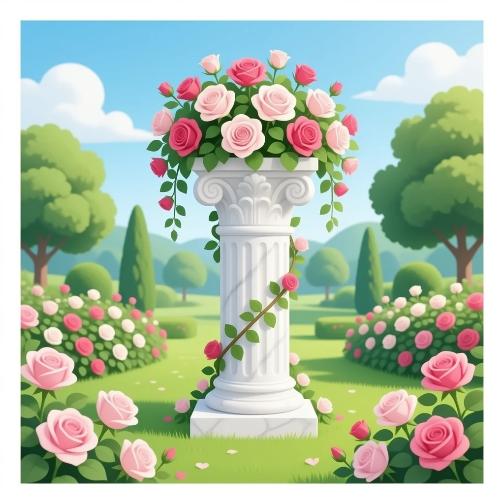 White tall marble pedestal with vines growing and gorgeous roses flowers beautiful romantic scenery garden scenic emoji