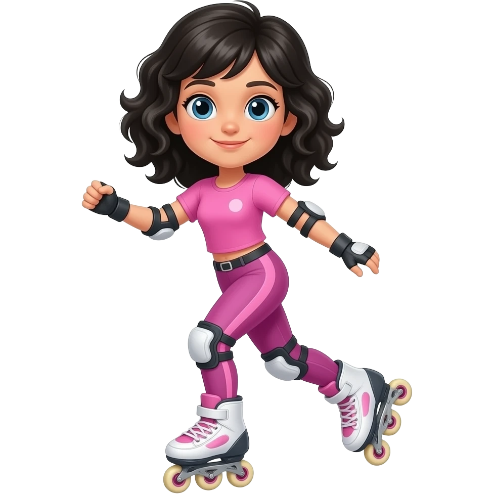 young girl, black waves hair, pink complete top and leggings, rollerblading emoji